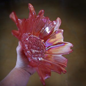 Akcam Coral Iridescent Floral Turkish Art Glass Bowl Carnival Glass